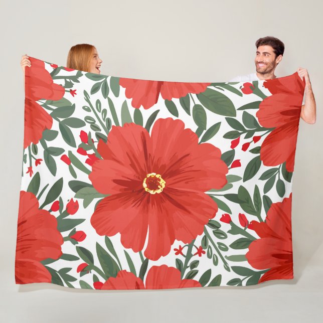 Fet Red-Blommönster med Lush Grönt Löv Fleecefilt (På plats)