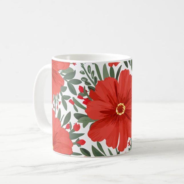 Fet Red-Blommönster med Lush Grönt Löv Kaffemugg (Framsida vänster)