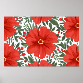 Fet Red-Blommönster med Lush Grönt Löv Poster