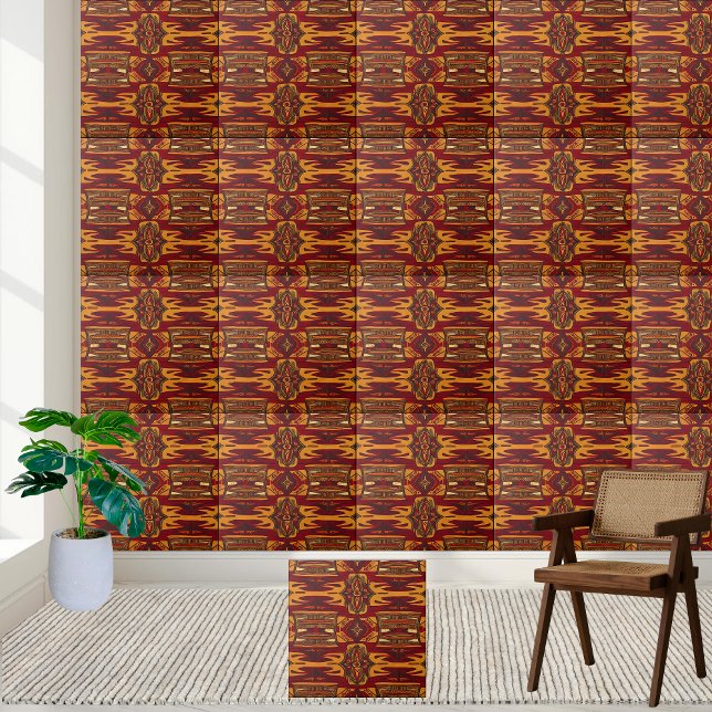 Fet Red & Guld African Print Tile Kakelplatta (Bold Red & Gold African Print Tile)