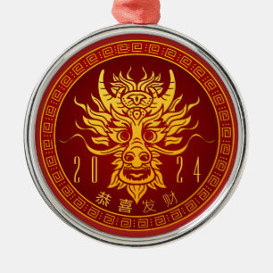 Fet Red & Guld Wood Dragon Lunar nyår 2024 Julgransprydnad Metall