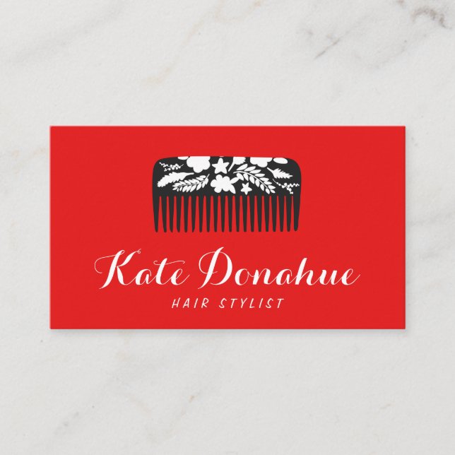 Fet Red Hairstylist Blommigt Comb Hair Salon Visitkort (Framsida)