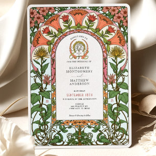 Fet Red och Golden Blommigt Art nouveau Bröllop Inbjudningar