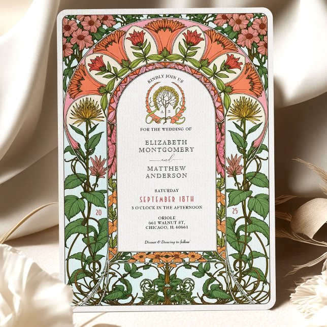 Fet Red och Golden Blommigt Art nouveau Bröllop Inbjudningar (Skapare uppladdad)