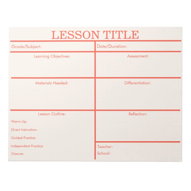 Fet Red Peach Retro Lesson Planner för lärare Anteckningsblock (Framsida)