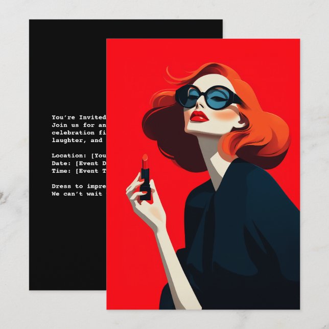 Fet Red Retro Glamor Inbjudningar (Fram/baksida)