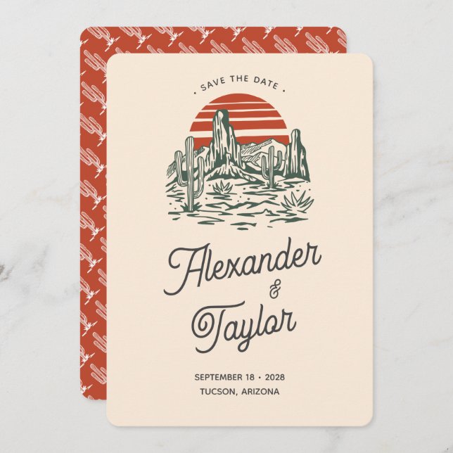 Fet Red Retro Saguaro Ligcape Desert Bröllop Spara Datumet (Fram/baksida)
