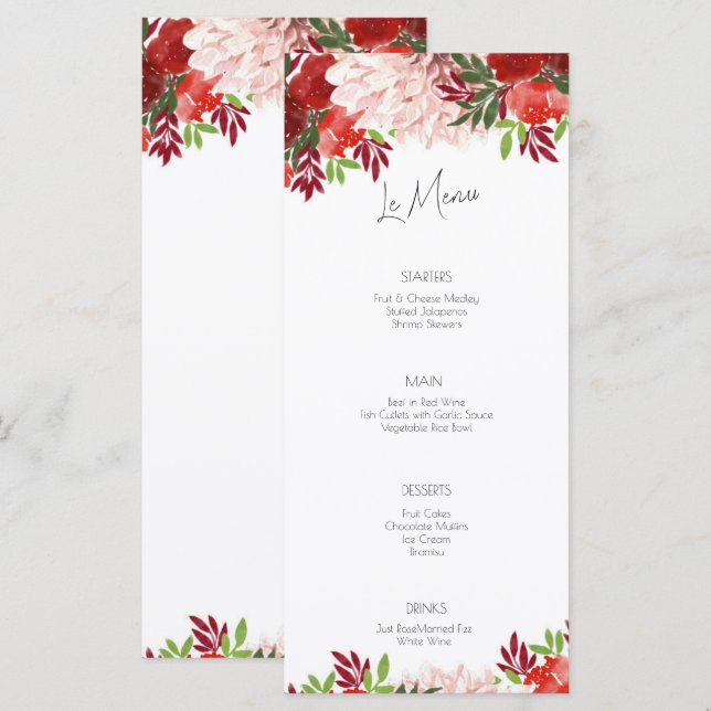 Fet Red Rosa Blommigt Flat Bröllop Menu Meny (Fram/baksida)