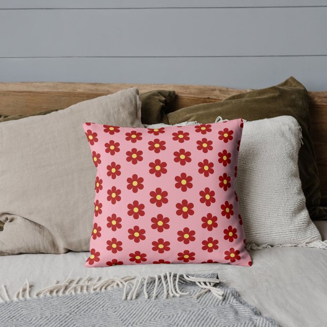 Fet Red & Rosa Flower Bohemian Tropical Whimsical Kudde (Skapare uppladdad)