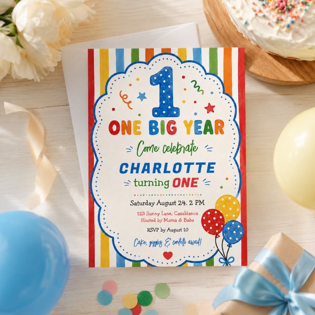Fet Regnbåge En Stor År  1-årsfest Inbjudningar (Bold Rainbow One Big Year 1st Birthday party Invitation
)