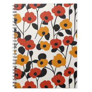 Fet Retro-Blommönstret Röd, Orange och Svart Anteckningsbok
