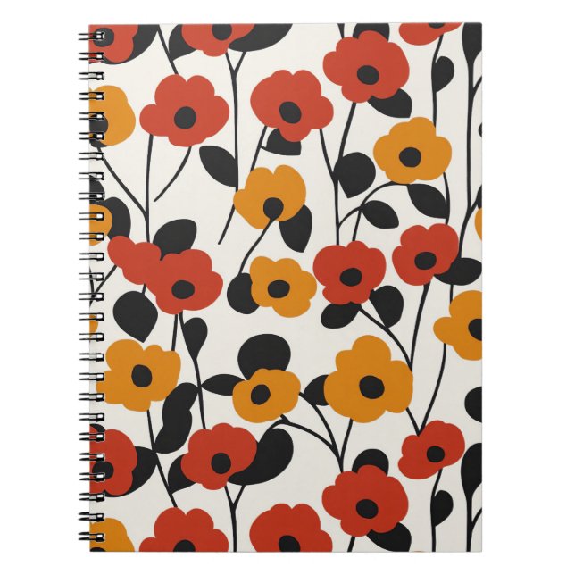 Fet Retro-Blommönstret Röd, Orange och Svart Anteckningsbok (Framsidan)
