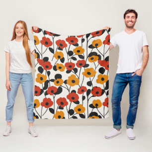 Fet Retro-Blommönstret Röd, Orange och Svart Fleecefilt