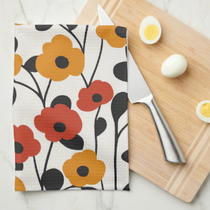 Fet Retro-Blommönstret Röd, Orange och Svart Kökshandduk