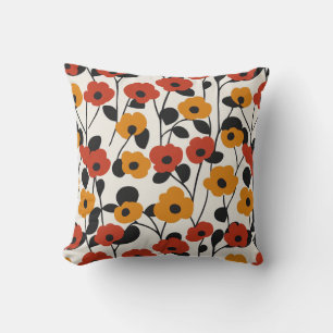 Fet Retro-Blommönstret Röd, Orange och Svart Kudde