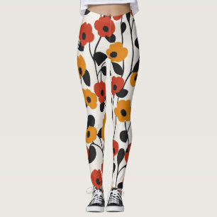 Fet Retro-Blommönstret Röd, Orange och Svart Leggings