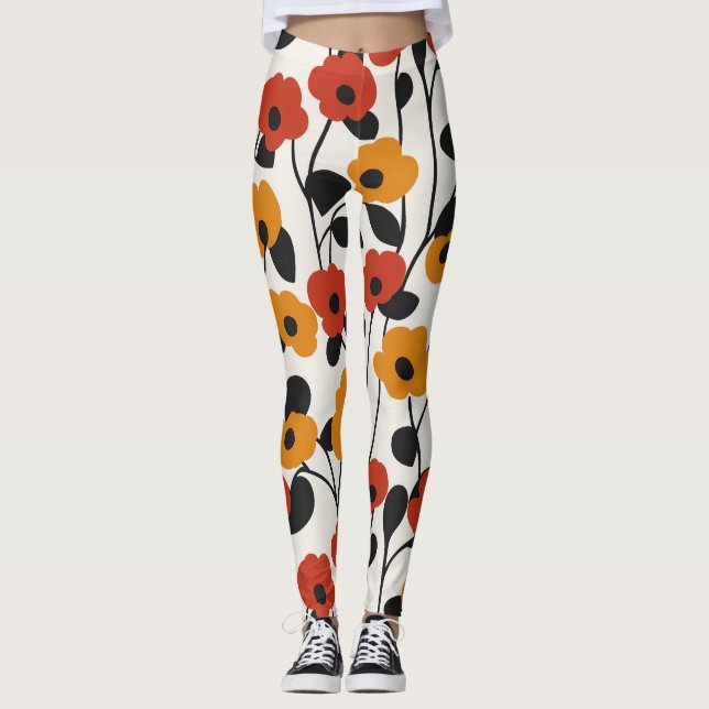 Fet Retro-Blommönstret Röd, Orange och Svart Leggings (Framsida)