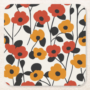 Fet Retro-Blommönstret Röd, Orange och Svart Underlägg Papper Kvadrat