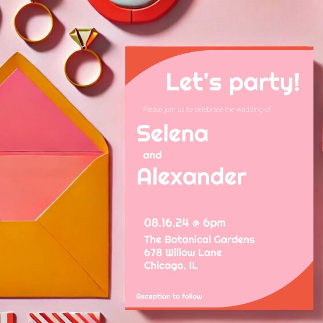 Fet Retro Bright-Orange och Rosa Bröllop Inbjudningar (Skapare uppladdad)