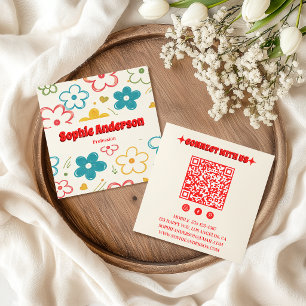 Fet Retro Floral QR-kod med röd typografi Fyrkantigt Visitkort