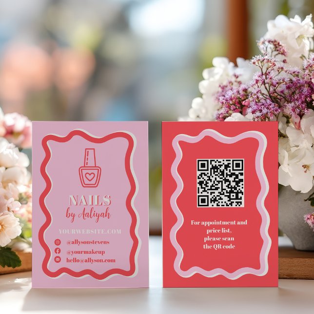 Fet Retro Rosa Groovy Nails Artist QR-kod Visitkort (Bold Retro Pink Groovy Nails Artist QR Code Business Card)
