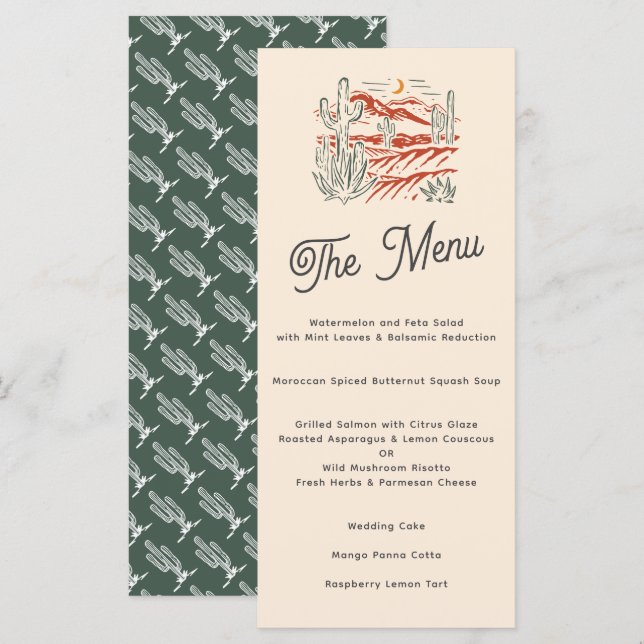 Fet Retro Saguaro Cactus Desert liggande Bröllop Meny (Fram/baksida)