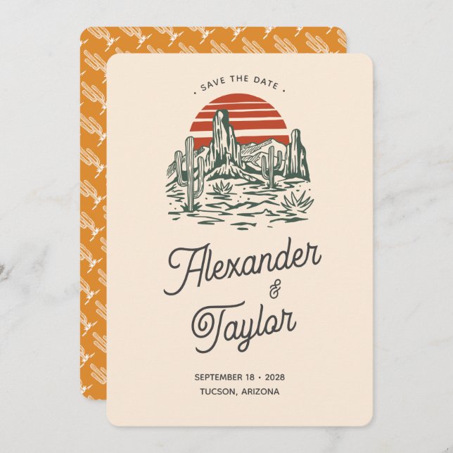 Fet Retro Vibes Saguaro liggande öde Bröllop Spara Datumet (Fram/baksida)
