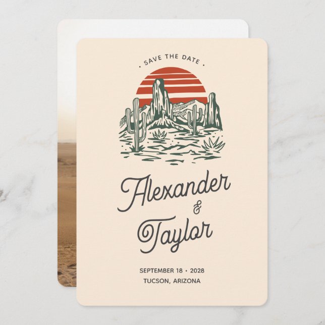 Fet Retro Vibes Saguaro liggande öde Bröllop Spara Datumet (Fram/baksida)