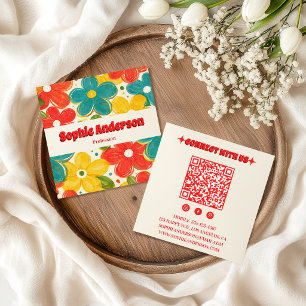 Fet retroblommig QR-kod med röd typografi Fyrkantigt Visitkort