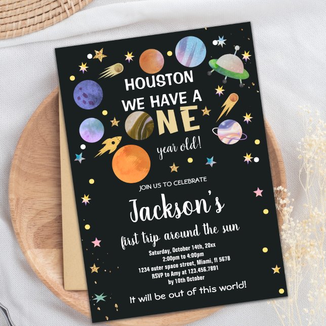 Fet Rocket & Planet Galaxy Theme för barn Inbjudningar (Black Outer Space Birthday Invitations)