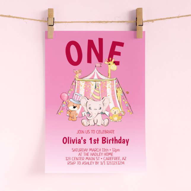Fet Röd Rosa Cirkus 1-års Födelsedag Inbjudningar (Skapare uppladdad)