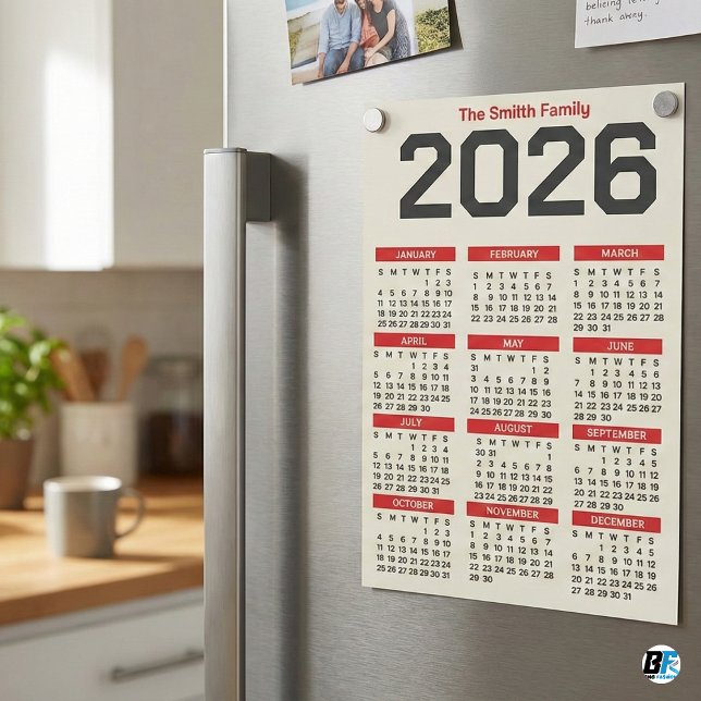Fet Röd Svart Anpassad Efternamn 2026 Kalender (Skapare uppladdad)