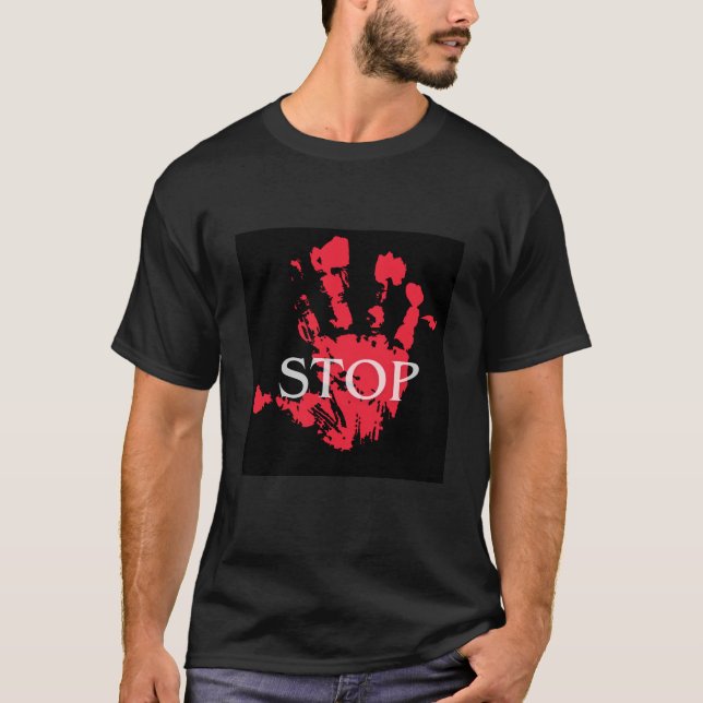 Fet rödfärgad handavtryck "STOPP" varningssymbol – T Shirt (Framsida)