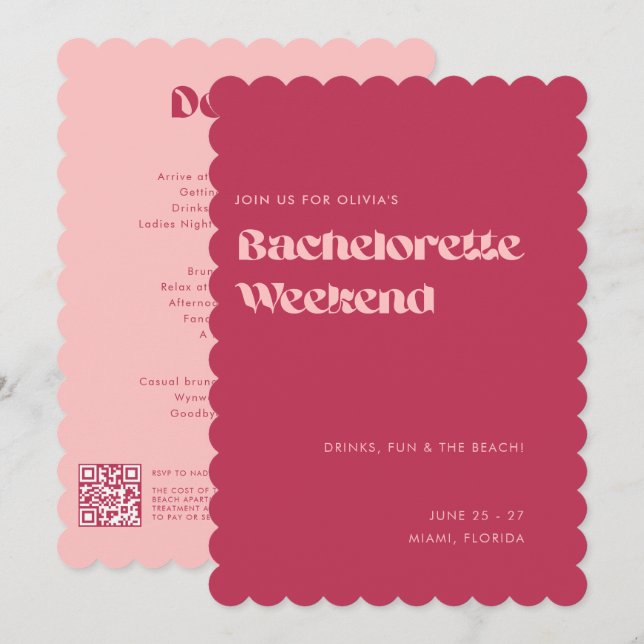Fet Roligt Girly Rosa Magenta Bachelorette Helg Inbjudningar (Fram/baksida)