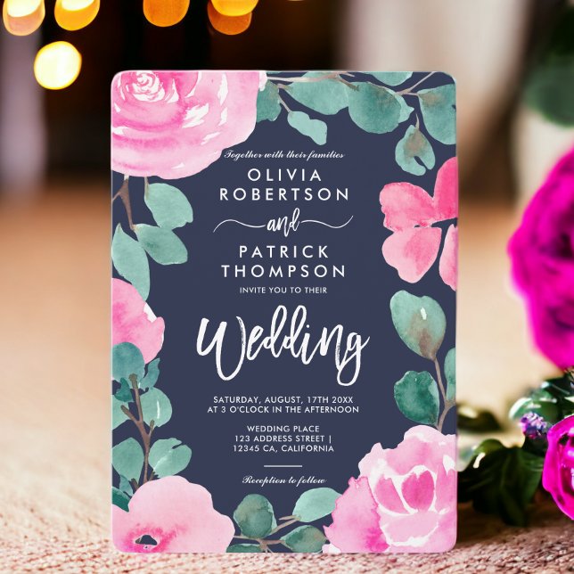 Fet rosa - blommigt, vattenfärgsfoto bröllop inbjudningar (Bold pink navy floral watercolor photo wedding invitation)