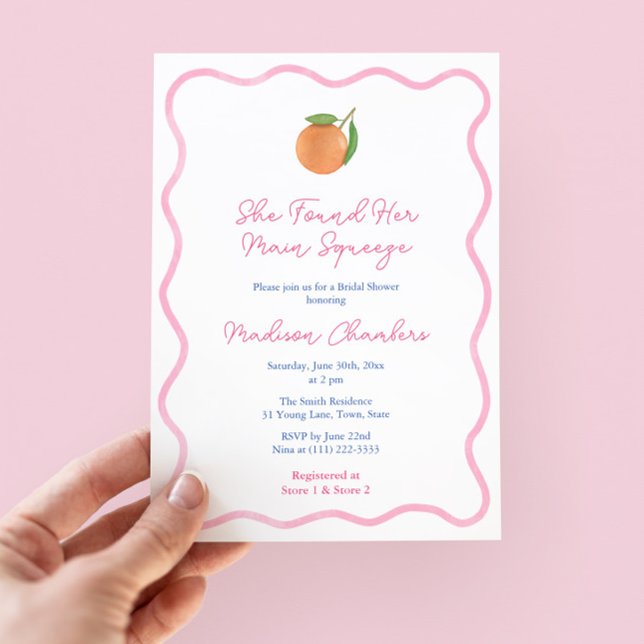 Fet Rosa Citrus Main Squeeze-Möhippa Inbjudningar (Trendy wavy pink border bridal shower invitation with citrus orange and pink and white stripe backer)