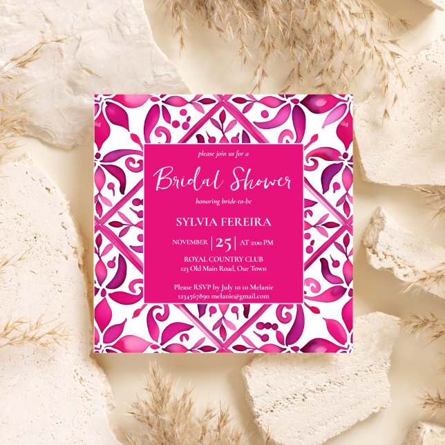 Fet rosa - möhippa för spanska talavera i Mexiko Inbjudningar (Bold pink Spanish talavera tiles folk pattern Mexican Hacienda bridal shower Invitation template)