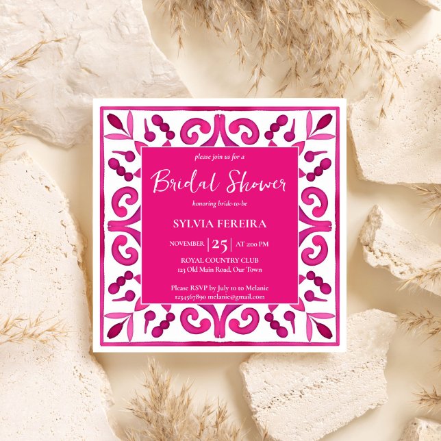 Fet rosa - möhippa för spanska talavera i Mexiko Inbjudningar (Bold pink Spanish talavera vintage Mexican Hacienda bridal shower Invitation template download)