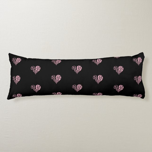 Fet Rosa och svart filigree Heart Body Pillow Kroppskudde (Framsidan)