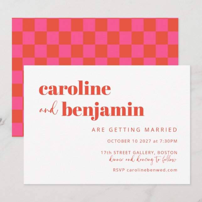 Fet Rosa Red Checkerboard allt-i-ett-Bröllop Inbjudningar (Fram/baksida)