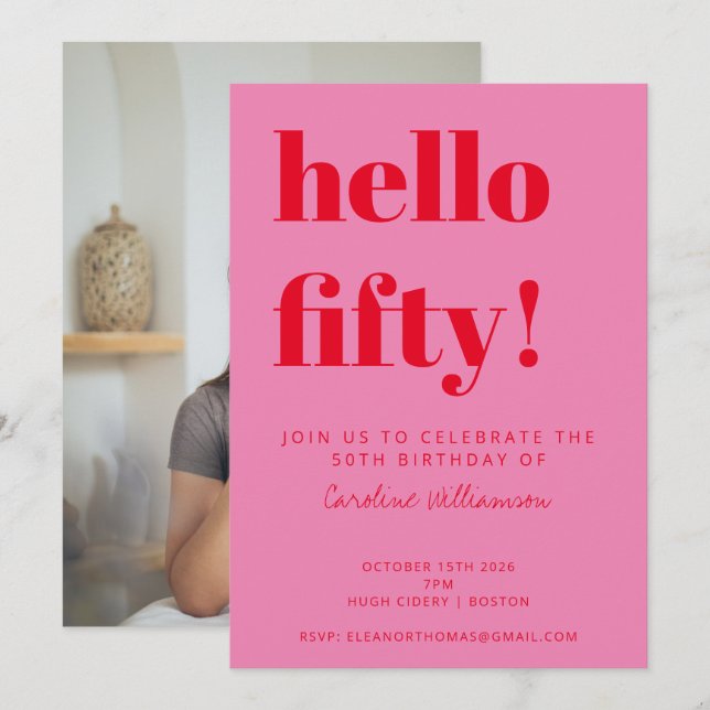 Fet Rosa Red Modern 50:e födelsedagsfoto Inbjudningar (Fram/baksida)