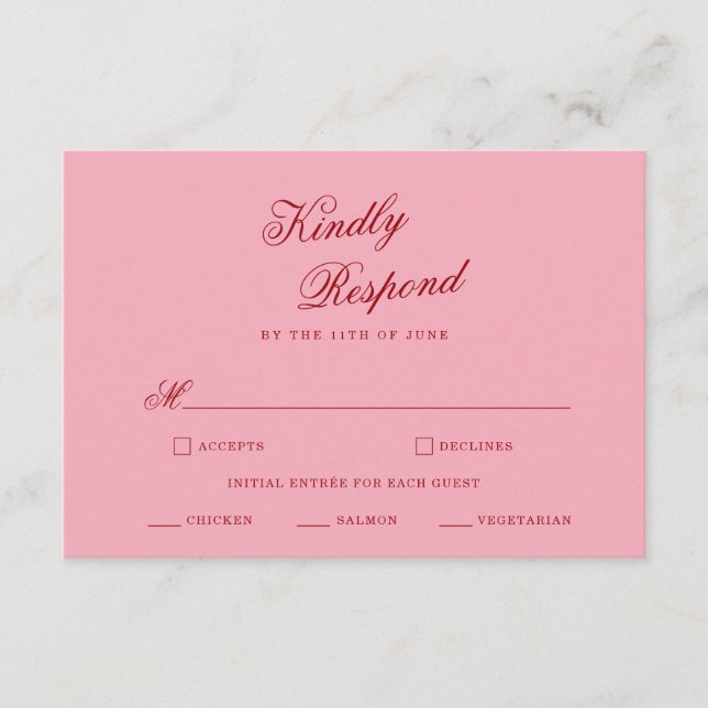 Fet Rosa Röd Minimalistisk Bröllops-Svarskort Tilläggskort (Framsida)