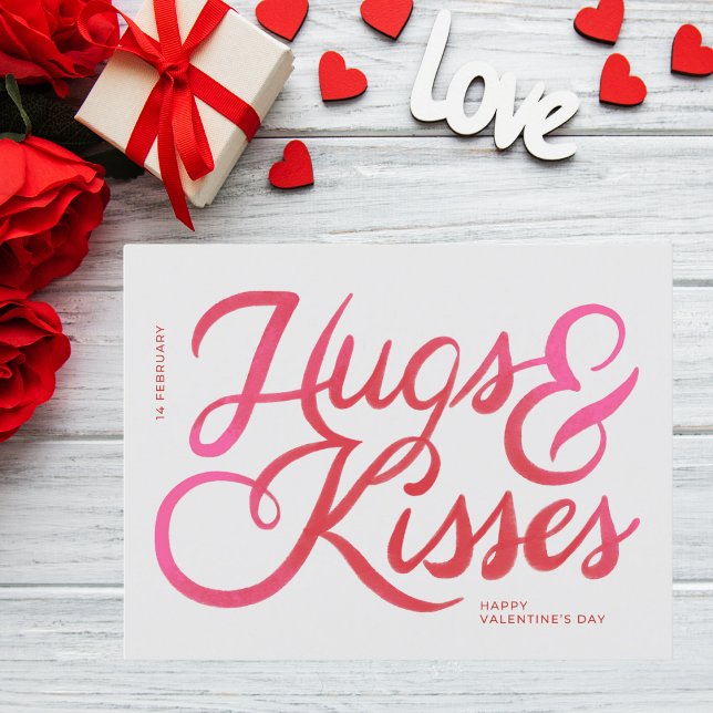 Fet Rosa Script Hugs & Kisses Valentindag Vykort (Skapare uppladdad)