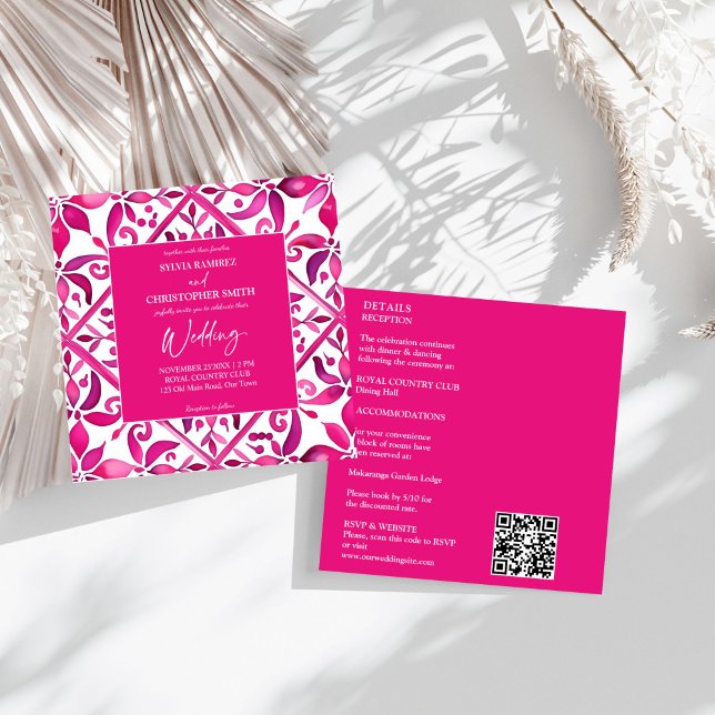 Fet rosa Spansk talavera alla på en bröllop Inbjudningar (Bold pink Spanish Mexican talavera all in one Hacienda wedding Invitation template instant download)