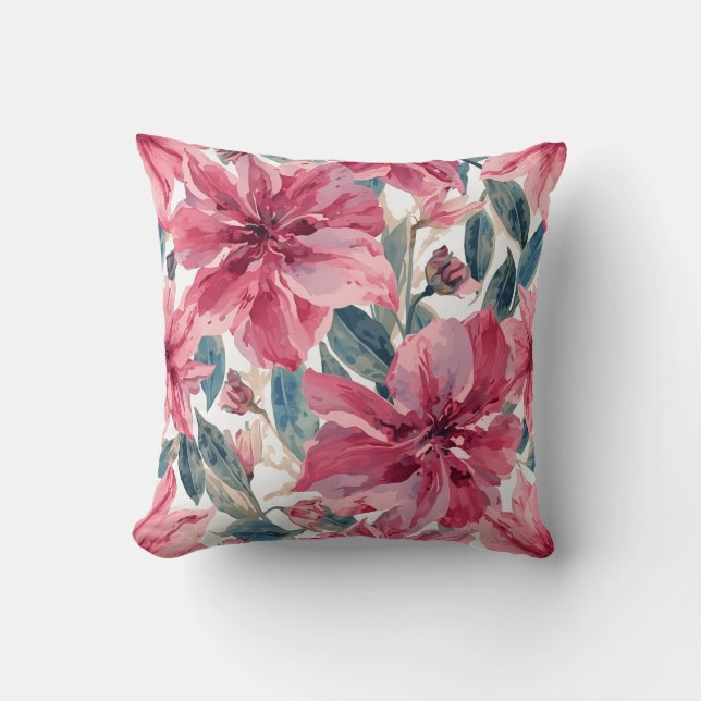 Fet Rosa Tropical Botanical Blommönster Kudde (Framsida)