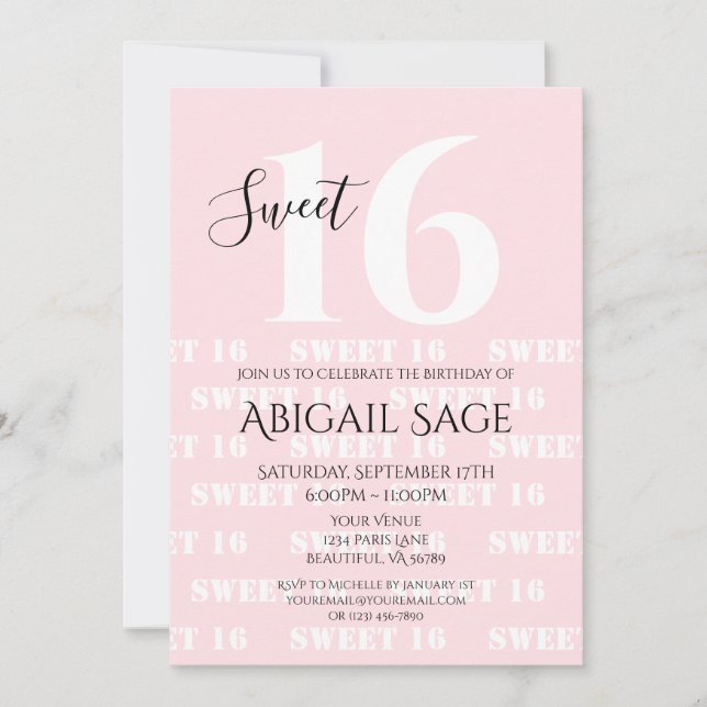Fet Rosa, vit Personlig Foto Sweet sixteen Inbjudningar (Framsida)