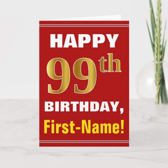 Fet, rött, faux Guld 99:e födelsedagen med Namn-ko Kort (Framsida)