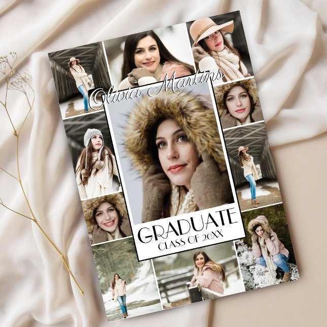Fet Snyggt Student Photo Collage Studenten Inbjudningar (Modern Stylish Photo Collage Graduation Announcement Invitation for High School College Graduate)