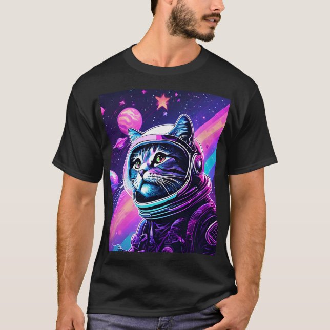 Fet Space-katt Äventyr - Retro Vaporwave Galaxy T Shirt (Framsida)