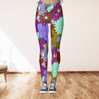 Fet stort blommönster på lila och grönt leggings
